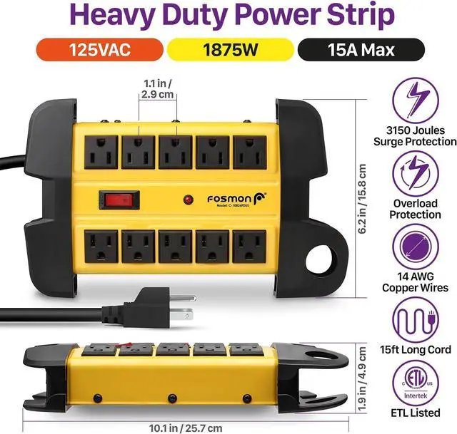 Alt view image 2 of 7 - Fosmon 10-Outlets Heavy Duty Power Strip Metal Surge Protector with 3150 Joules & 15 Amps, 15-FT Wall Mountable Extension Cord for Garage, Workshop, Garden, Kitchen, Office, School, ETL Listed