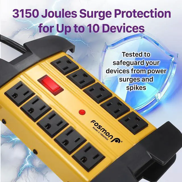 Alt view image 3 of 7 - Fosmon 10-Outlets Heavy Duty Power Strip Metal Surge Protector with 3150 Joules & 15 Amps, 15-FT Wall Mountable Extension Cord for Garage, Workshop, Garden, Kitchen, Office, School, ETL Listed