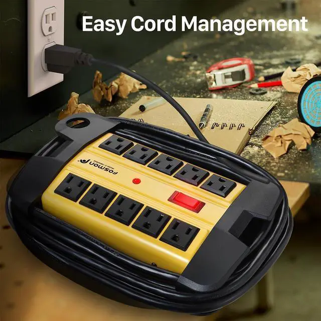 Alt view image 5 of 7 - Fosmon 10-Outlets Heavy Duty Power Strip Metal Surge Protector with 3150 Joules & 15 Amps, 15-FT Wall Mountable Extension Cord for Garage, Workshop, Garden, Kitchen, Office, School, ETL Listed