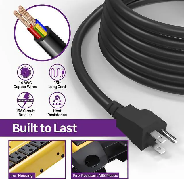 Alt view image 7 of 7 - Fosmon 10-Outlets Heavy Duty Power Strip Metal Surge Protector with 3150 Joules & 15 Amps, 15-FT Wall Mountable Extension Cord for Garage, Workshop, Garden, Kitchen, Office, School, ETL Listed