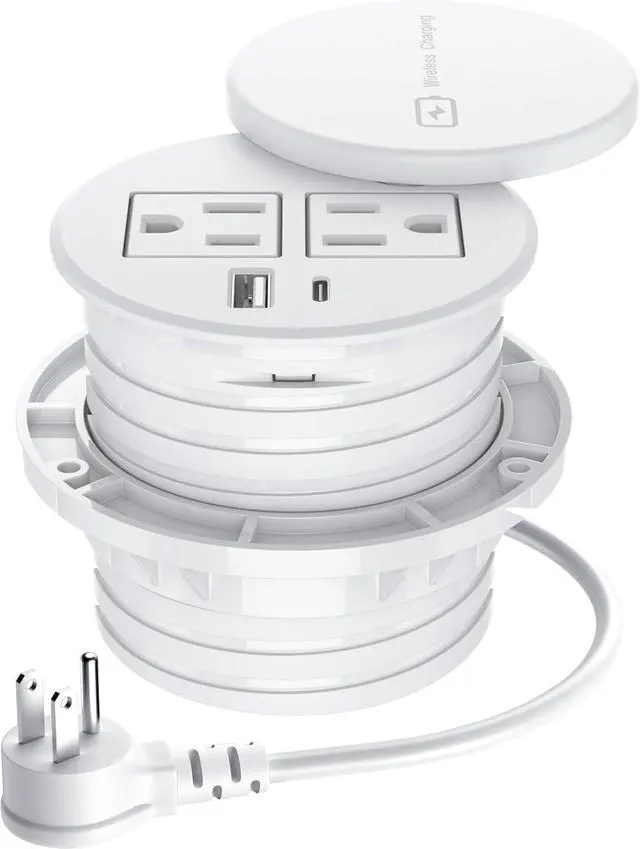 Main image of Recessed Power Grommet 3-inch Hole, 15W Wireless Charger, 20W USB C Fast Charging Station,2 AC Plug, Flush Mount Countertop Outlet, Workspace Essential Desk Hole Cover for Cables White