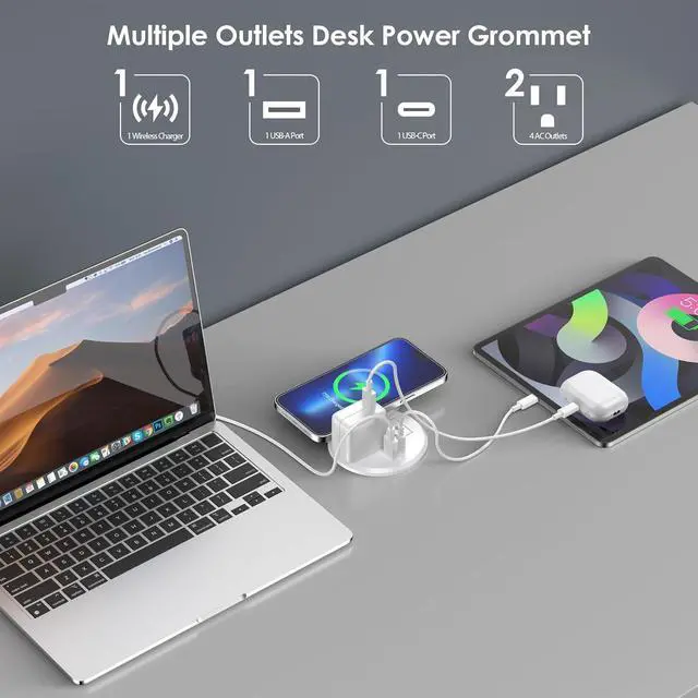 Alt view image 2 of 7 - Recessed Power Grommet 3-inch Hole, 15W Wireless Charger, 20W USB C Fast Charging Station,2 AC Plug, Flush Mount Countertop Outlet, Workspace Essential Desk Hole Cover for Cables White