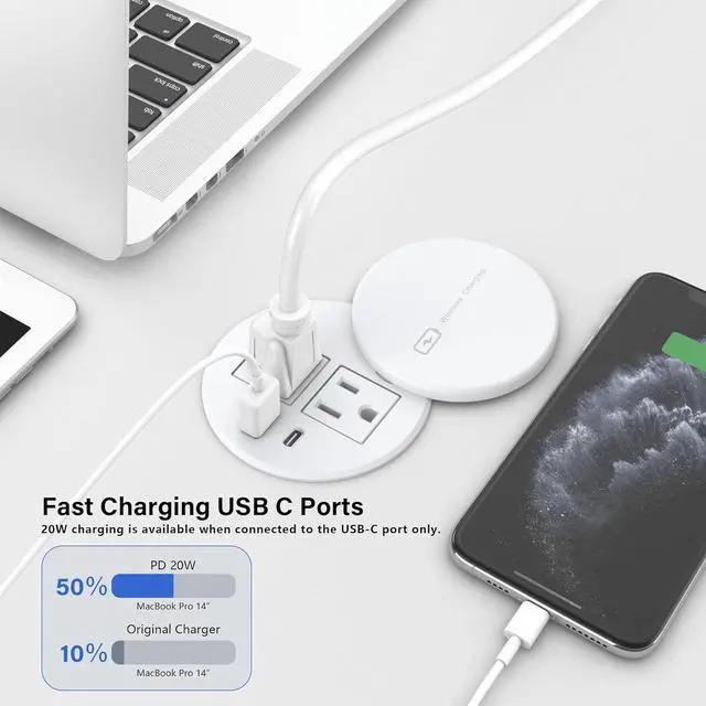 Alt view image 4 of 7 - Recessed Power Grommet 3-inch Hole, 15W Wireless Charger, 20W USB C Fast Charging Station,2 AC Plug, Flush Mount Countertop Outlet, Workspace Essential Desk Hole Cover for Cables White