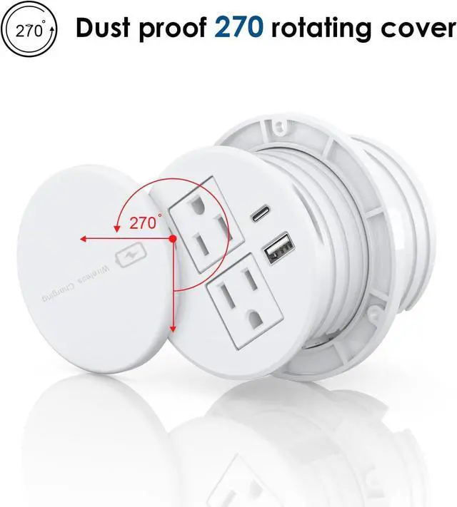 Alt view image 5 of 7 - Recessed Power Grommet 3-inch Hole, 15W Wireless Charger, 20W USB C Fast Charging Station,2 AC Plug, Flush Mount Countertop Outlet, Workspace Essential Desk Hole Cover for Cables White