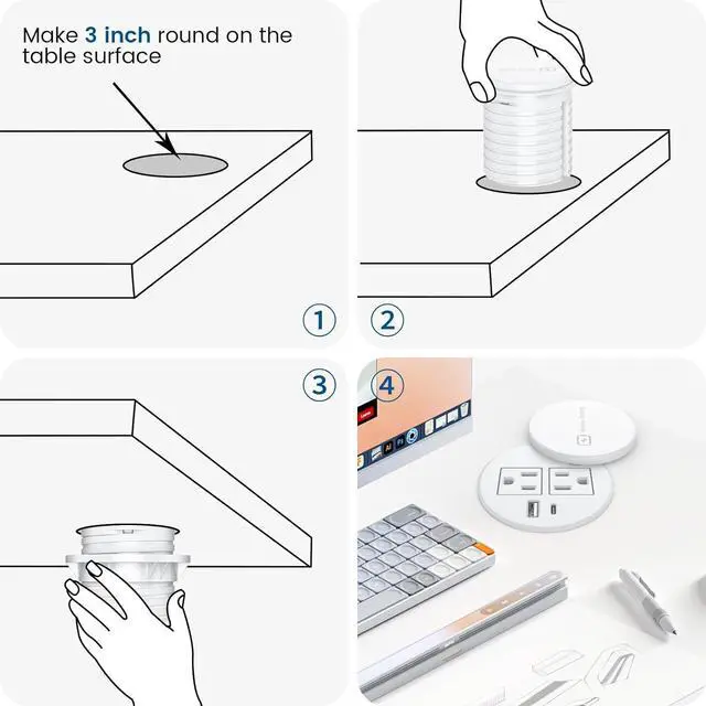 Alt view image 7 of 7 - Recessed Power Grommet 3-inch Hole, 15W Wireless Charger, 20W USB C Fast Charging Station,2 AC Plug, Flush Mount Countertop Outlet, Workspace Essential Desk Hole Cover for Cables White