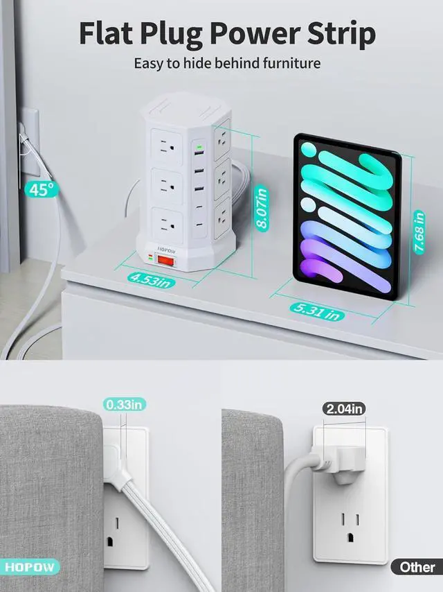 Alt view image 3 of 7 - Surge Protector Power Strip - 12 AC Outlets & 5 USB (2 USB C), 1875W/15A, 1700J Surge Protector Tower, Extension Cord with Multiple Outlets, 6.5FT Charging Station for Home Office Dorm