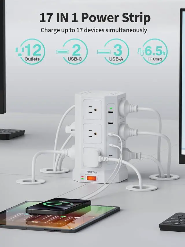 Alt view image 2 of 7 - Surge Protector Power Strip - 12 AC Outlets & 5 USB (2 USB C), 1875W/15A, 1700J Surge Protector Tower, Extension Cord with Multiple Outlets, 6.5FT Charging Station for Home Office Dorm