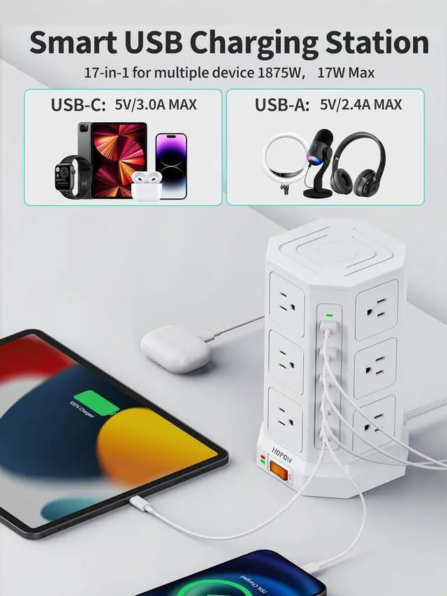 Alt view image 4 of 7 - Surge Protector Power Strip - 12 AC Outlets & 5 USB (2 USB C), 1875W/15A, 1700J Surge Protector Tower, Extension Cord with Multiple Outlets, 6.5FT Charging Station for Home Office Dorm