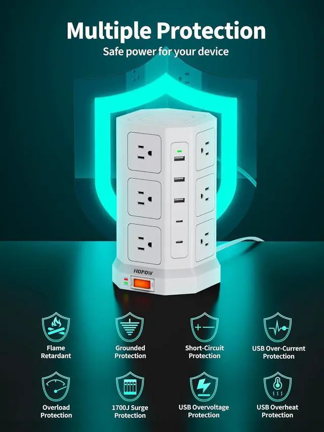Alt view image 5 of 7 - Surge Protector Power Strip - 12 AC Outlets & 5 USB (2 USB C), 1875W/15A, 1700J Surge Protector Tower, Extension Cord with Multiple Outlets, 6.5FT Charging Station for Home Office Dorm