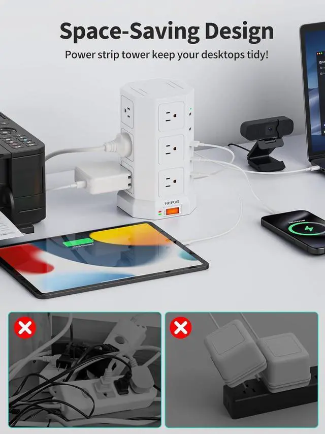 Alt view image 7 of 7 - Surge Protector Power Strip - 12 AC Outlets & 5 USB (2 USB C), 1875W/15A, 1700J Surge Protector Tower, Extension Cord with Multiple Outlets, 6.5FT Charging Station for Home Office Dorm