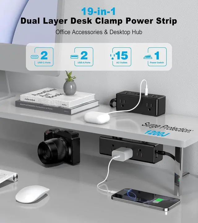 Alt view image 2 of 7 - Dual Layer Desk Clamp Power Strip, 19 in 1 Desktop Edge Mount Surge Protector with 4 USB Ports(2 USB-C) & 15 AC Outlets, Ultra Thin Flat Plug & 5FT Power Cord for Office Home(ETL Listed)