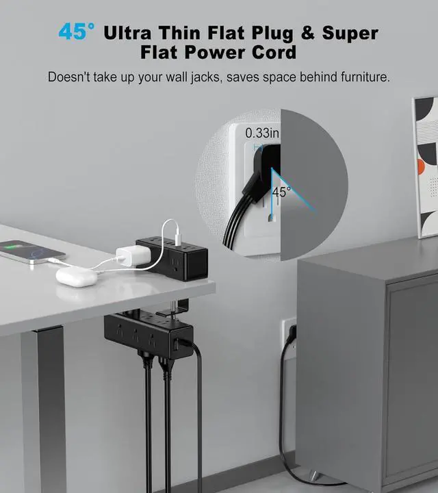 Alt view image 3 of 7 - Dual Layer Desk Clamp Power Strip, 19 in 1 Desktop Edge Mount Surge Protector with 4 USB Ports(2 USB-C) & 15 AC Outlets, Ultra Thin Flat Plug & 5FT Power Cord for Office Home(ETL Listed)
