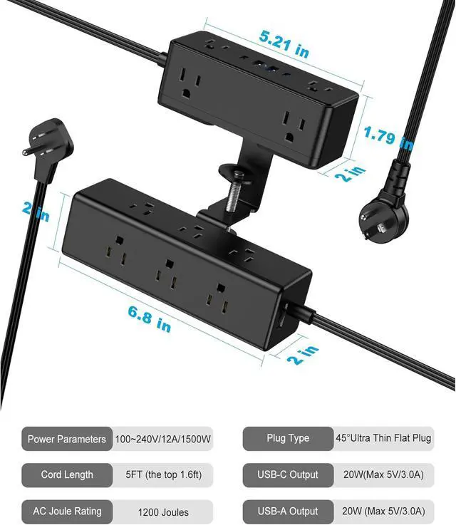 Alt view image 7 of 7 - Dual Layer Desk Clamp Power Strip, 19 in 1 Desktop Edge Mount Surge Protector with 4 USB Ports(2 USB-C) & 15 AC Outlets, Ultra Thin Flat Plug & 5FT Power Cord for Office Home(ETL Listed)