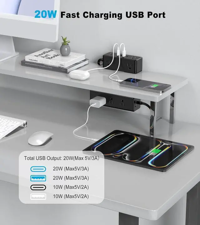 Alt view image 5 of 7 - Dual Layer Desk Clamp Power Strip, 19 in 1 Desktop Edge Mount Surge Protector with 4 USB Ports(2 USB-C) & 15 AC Outlets, Ultra Thin Flat Plug & 5FT Power Cord for Office Home(ETL Listed)