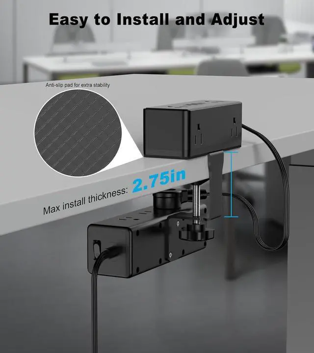Alt view image 6 of 7 - Dual Layer Desk Clamp Power Strip, 19 in 1 Desktop Edge Mount Surge Protector with 4 USB Ports(2 USB-C) & 15 AC Outlets, Ultra Thin Flat Plug & 5FT Power Cord for Office Home(ETL Listed)