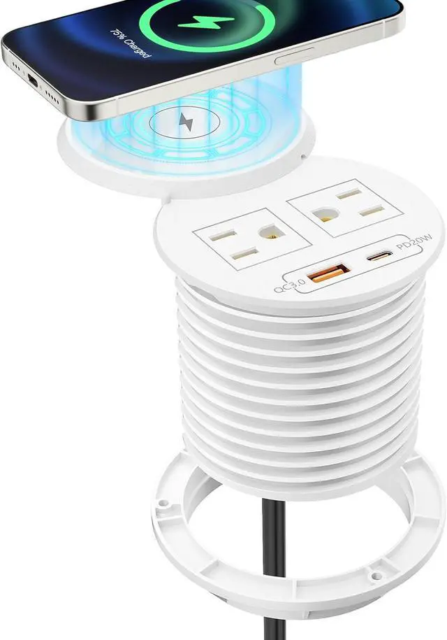 Main image of PD 20W USB C Desk Power Grommet with 15W Wireless Charger Cover, Recessed Power Strip with 18W USB A and 2 AC Outlets,Hidden Power Outlets with 6FT Cords for Office, Home, Conference(White)