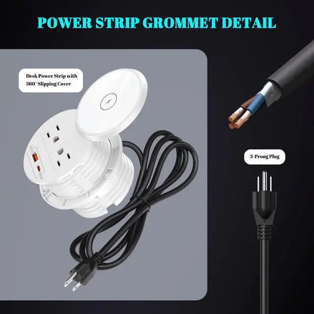 Alt view image 5 of 7 - PD 20W USB C Desk Power Grommet with 15W Wireless Charger Cover, Recessed Power Strip with 18W USB A and 2 AC Outlets,Hidden Power Outlets with 6FT Cords for Office, Home, Conference(White)