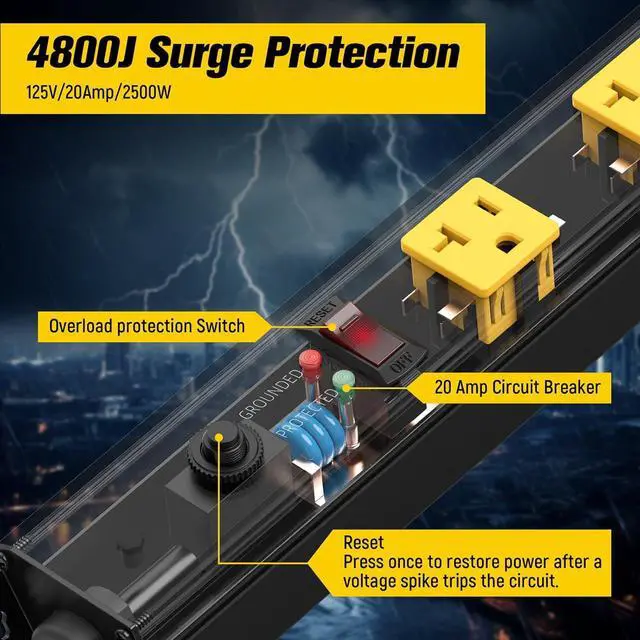 Alt view image 3 of 7 - HHSOET 16 Outlet Long Power Strip, 10FT Heavy Duty Power Strip with 4800J Surge Protection, 20a Mountable Wide-Spaced Outlets for Home, Office, Garage & Workshop - ETL Certified