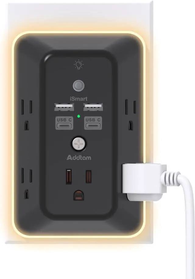 Main image of Surge Protector, Outlet Extender with Night Light, Addtam 5-Outlet Splitter and 4 USB Ports(2 USB C), USB Wall Charger Power Strip, Multi Plug Wall Outlet for Home, Office, School, Black