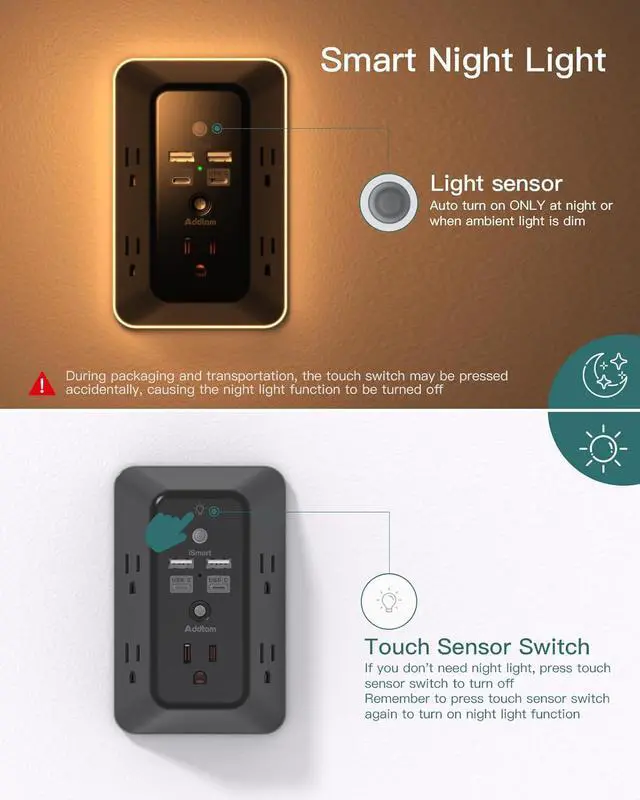 Alt view image 3 of 6 - Surge Protector, Outlet Extender with Night Light, Addtam 5-Outlet Splitter and 4 USB Ports(2 USB C), USB Wall Charger Power Strip, Multi Plug Wall Outlet for Home, Office, School, Black