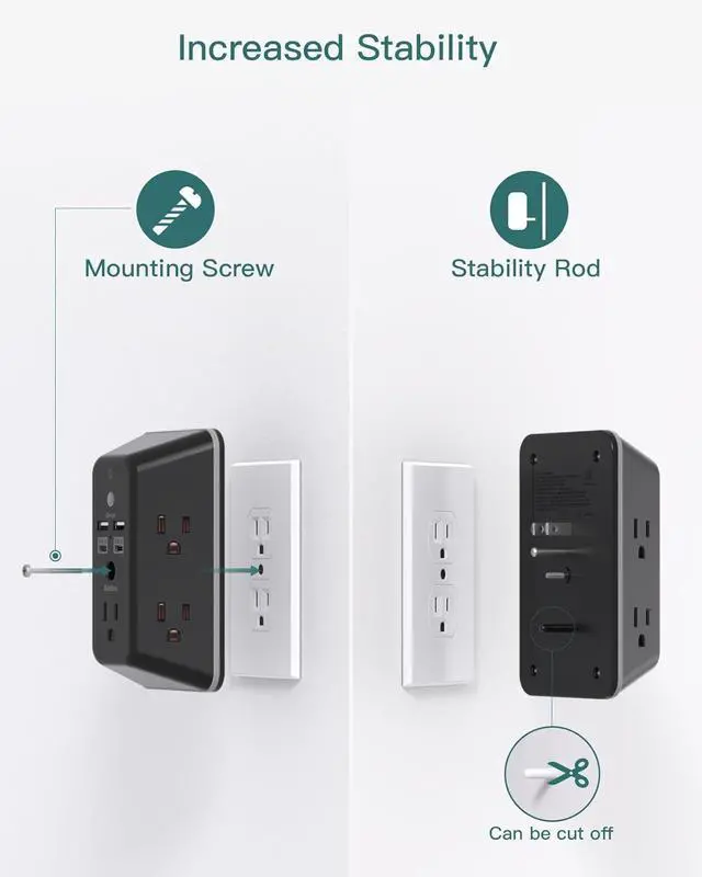 Alt view image 6 of 6 - Surge Protector, Outlet Extender with Night Light, Addtam 5-Outlet Splitter and 4 USB Ports(2 USB C), USB Wall Charger Power Strip, Multi Plug Wall Outlet for Home, Office, School, Black