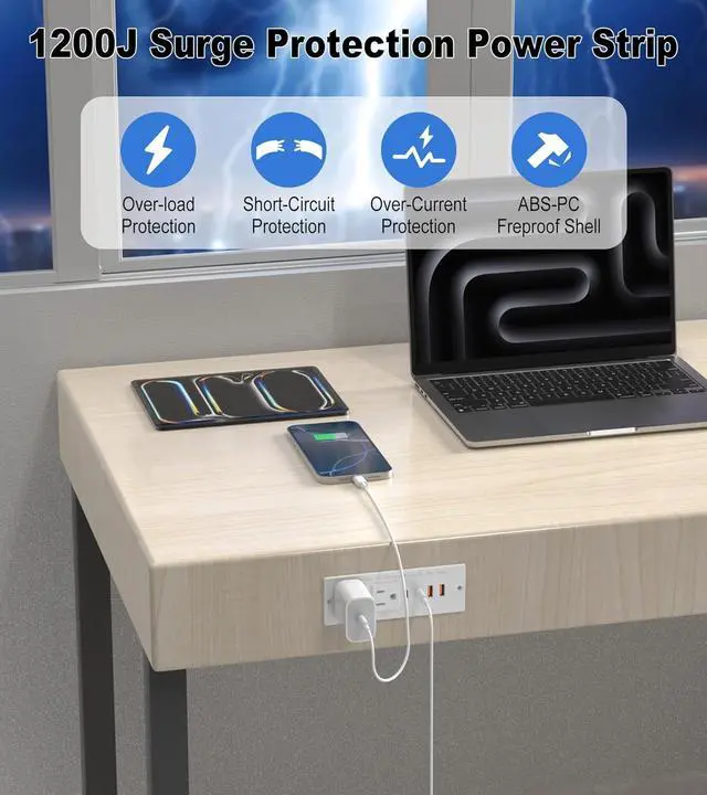 Alt view image 5 of 7 - Drawer Outlet, Furniture Recessed Power Strip with 4 PD 30W USB Ports & 2 AC Outlets, Recessed Outlet for Conference Rooms, Office Tables, Furniture, 10FT Spring Cord (ETL Listed)