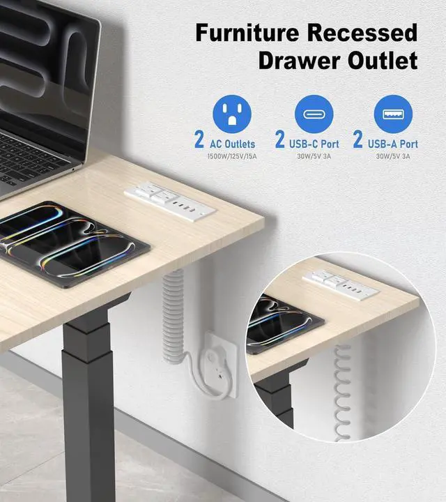 Alt view image 2 of 7 - Drawer Outlet, Furniture Recessed Power Strip with 4 PD 30W USB Ports & 2 AC Outlets, Recessed Outlet for Conference Rooms, Office Tables, Furniture, 10FT Spring Cord (ETL Listed)