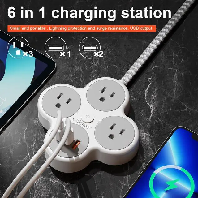 Alt view image 2 of 7 - 6-in-1 Wall Mount Power Strip with 3 AC Outlets, 2 USB Ports, 1 Type-C Port | Multi-Outlet Charging Station for Home, Office, Travel | Surge Protector with Overload Protection