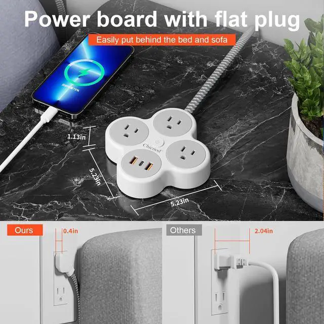 Alt view image 4 of 7 - 6-in-1 Wall Mount Power Strip with 3 AC Outlets, 2 USB Ports, 1 Type-C Port | Multi-Outlet Charging Station for Home, Office, Travel | Surge Protector with Overload Protection