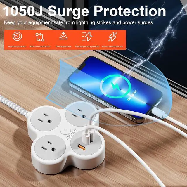 Alt view image 5 of 7 - 6-in-1 Wall Mount Power Strip with 3 AC Outlets, 2 USB Ports, 1 Type-C Port | Multi-Outlet Charging Station for Home, Office, Travel | Surge Protector with Overload Protection