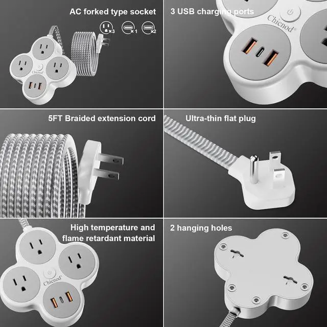 Alt view image 7 of 7 - 6-in-1 Wall Mount Power Strip with 3 AC Outlets, 2 USB Ports, 1 Type-C Port | Multi-Outlet Charging Station for Home, Office, Travel | Surge Protector with Overload Protection
