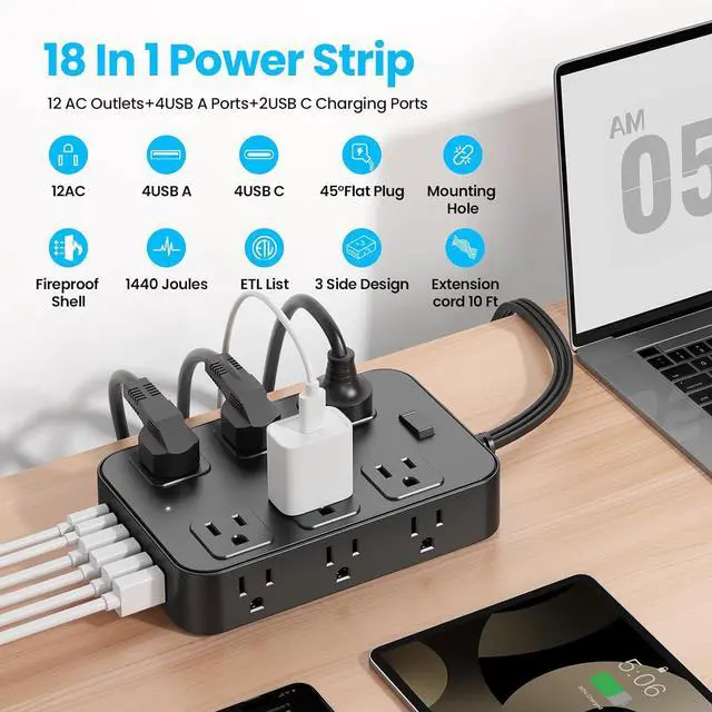 Alt view image 2 of 7 - Flat Plug Power Strip Surge Protector with 12 AC Outlets 6 USB Ports 3 Side Multi Plug Outlet Extender 10 Ft Extension Cord for Home Office Kitchen Dorm Wall Desk Charging Station ETL Listed