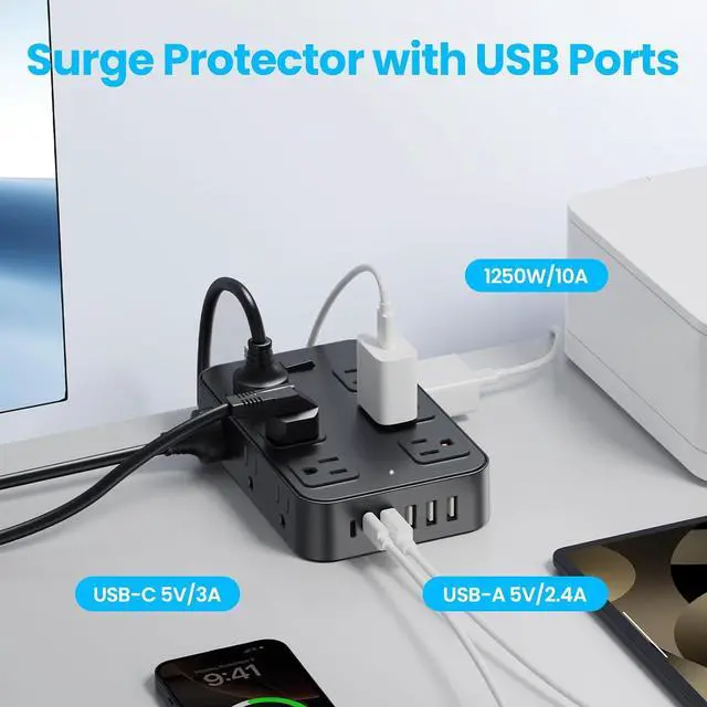 Alt view image 4 of 7 - Flat Plug Power Strip Surge Protector with 12 AC Outlets 6 USB Ports 3 Side Multi Plug Outlet Extender 10 Ft Extension Cord for Home Office Kitchen Dorm Wall Desk Charging Station ETL Listed