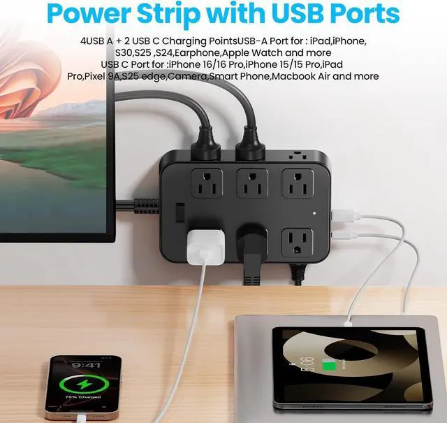 Alt view image 3 of 7 - Flat Plug Power Strip Surge Protector with 12 AC Outlets 6 USB Ports 3 Side Multi Plug Outlet Extender 10 Ft Extension Cord for Home Office Kitchen Dorm Wall Desk Charging Station ETL Listed