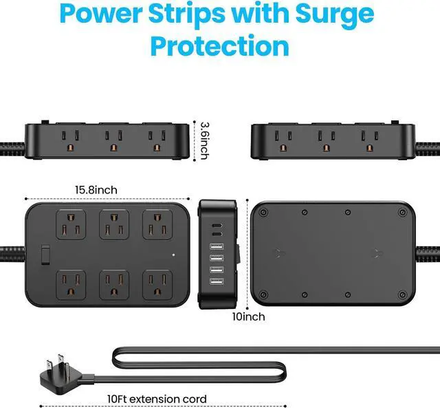 Alt view image 6 of 7 - Flat Plug Power Strip Surge Protector with 12 AC Outlets 6 USB Ports 3 Side Multi Plug Outlet Extender 10 Ft Extension Cord for Home Office Kitchen Dorm Wall Desk Charging Station ETL Listed