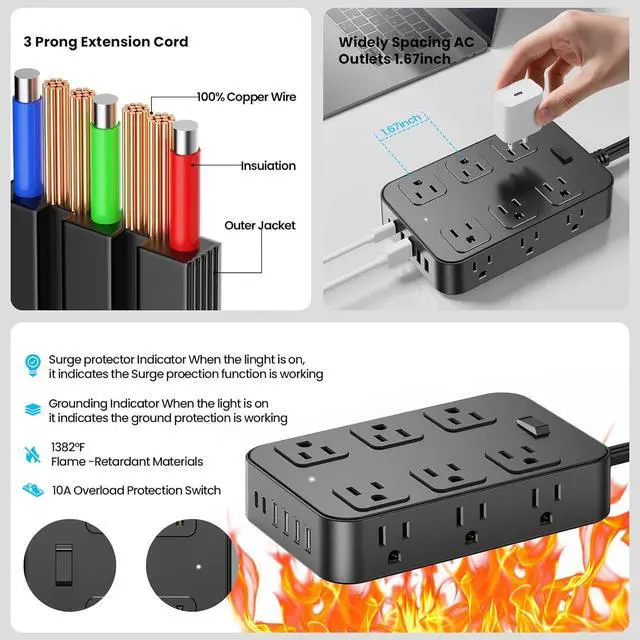 Alt view image 7 of 7 - Flat Plug Power Strip Surge Protector with 12 AC Outlets 6 USB Ports 3 Side Multi Plug Outlet Extender 10 Ft Extension Cord for Home Office Kitchen Dorm Wall Desk Charging Station ETL Listed