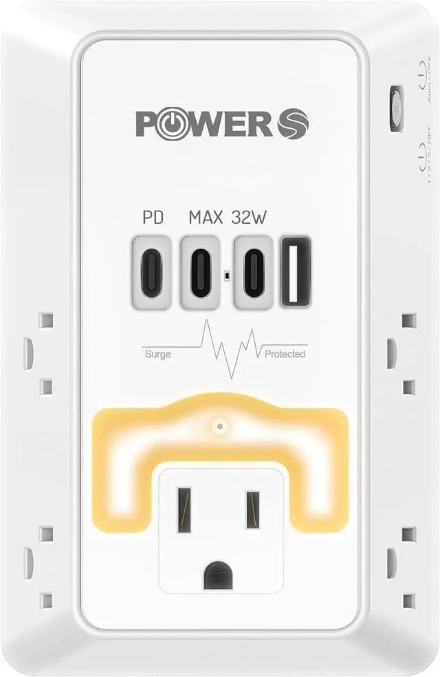 Main image of 20W PD Fast Charging Wall Outlet with USB Ports (3C1A), Electrical Outlet Extender with Night Light, Surge Protector, Wall Plug Adapter for Multiple Devices, Wall Socket Expander