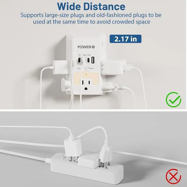Alt view image 6 of 6 - 20W PD Fast Charging Wall Outlet with USB Ports (3C1A), Electrical Outlet Extender with Night Light, Surge Protector, Wall Plug Adapter for Multiple Devices, Wall Socket Expander