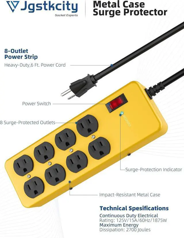 Alt view image 5 of 7 - Heavy Duty Power Strip,Industrial Heavy Metal Case Surge Protector,8 AC Outlets,15Amp,2700 Joules,Protected' Indicator,14 Gauge Cord (Yellow, 6FT Length)