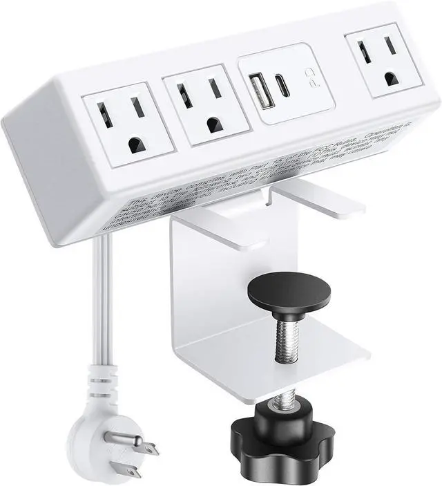 Main image of CCCEI Desk Clamp Power Strip with PD 3.0 Fast Charging USB C Port, on Desktop Mount Widely Spaced Outlet 6 FT Flat Plug, Fit 1.6 inch Tabletop Edge Thick, 125V 12A 1500W (White)
