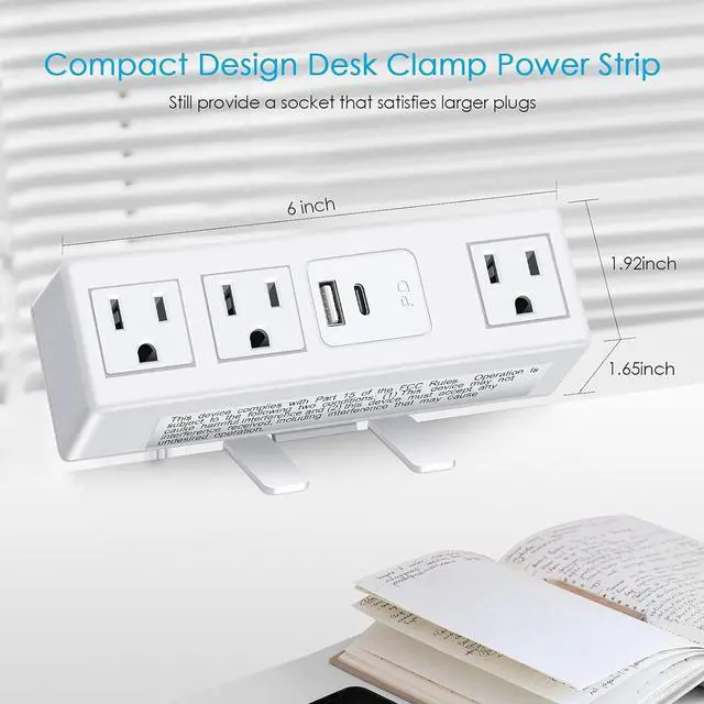 Alt view image 3 of 7 - CCCEI Desk Clamp Power Strip with PD 3.0 Fast Charging USB C Port, on Desktop Mount Widely Spaced Outlet 6 FT Flat Plug, Fit 1.6 inch Tabletop Edge Thick, 125V 12A 1500W (White)