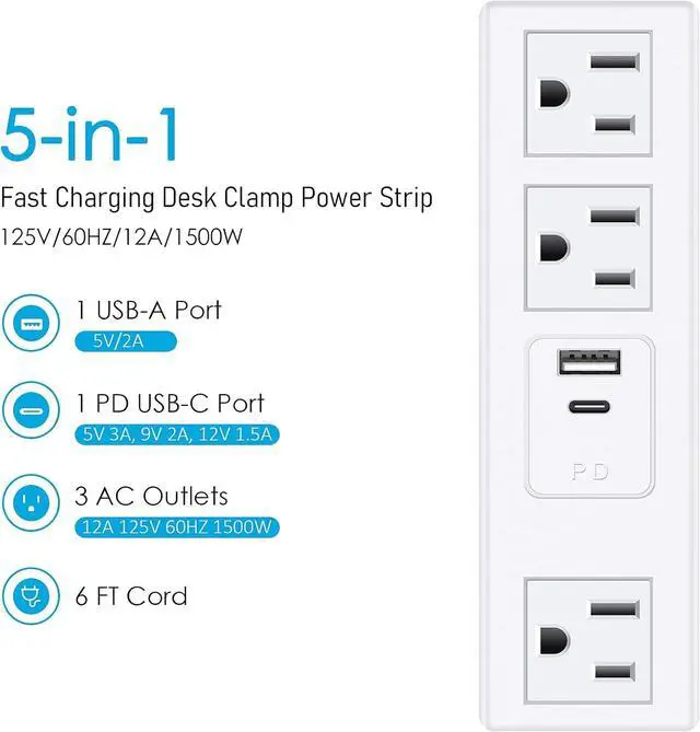 Alt view image 4 of 7 - CCCEI Desk Clamp Power Strip with PD 3.0 Fast Charging USB C Port, on Desktop Mount Widely Spaced Outlet 6 FT Flat Plug, Fit 1.6 inch Tabletop Edge Thick, 125V 12A 1500W (White)