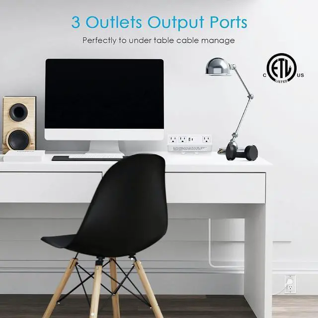 Alt view image 5 of 7 - CCCEI Desk Clamp Power Strip with PD 3.0 Fast Charging USB C Port, on Desktop Mount Widely Spaced Outlet 6 FT Flat Plug, Fit 1.6 inch Tabletop Edge Thick, 125V 12A 1500W (White)