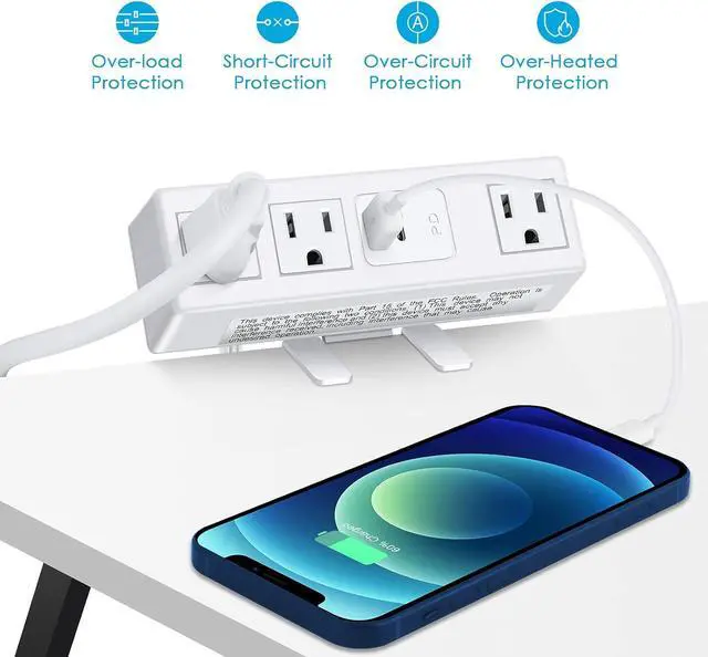 Alt view image 7 of 7 - CCCEI Desk Clamp Power Strip with PD 3.0 Fast Charging USB C Port, on Desktop Mount Widely Spaced Outlet 6 FT Flat Plug, Fit 1.6 inch Tabletop Edge Thick, 125V 12A 1500W (White)