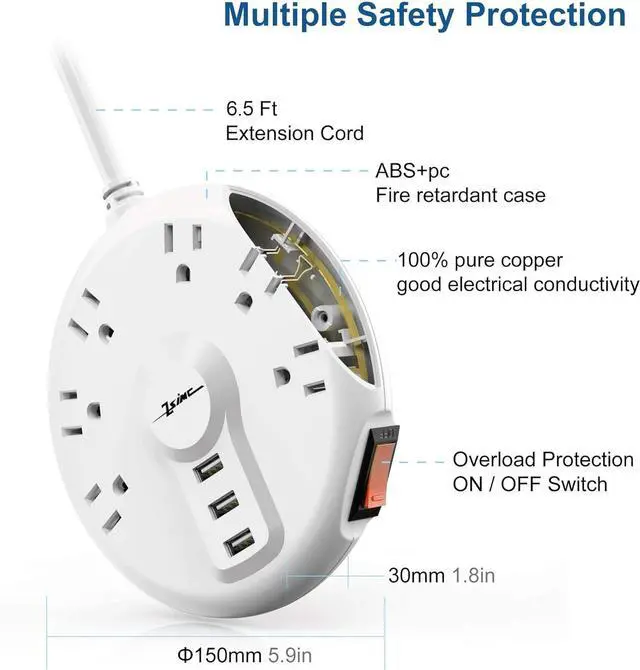 Alt view image 2 of 7 - Power Strip, Surge Protector, 6 Outlets and 3 USB Ports 6.5FT Long Extension Cord, Circle Socket Overload Surge Protection, Flat Plug Charging Station Compact for Office, Home, Travel (White)