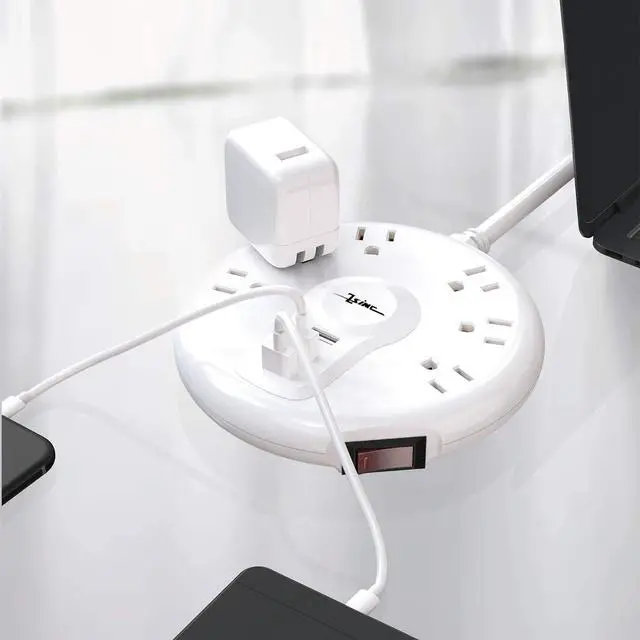 Alt view image 3 of 7 - Power Strip, Surge Protector, 6 Outlets and 3 USB Ports 6.5FT Long Extension Cord, Circle Socket Overload Surge Protection, Flat Plug Charging Station Compact for Office, Home, Travel (White)
