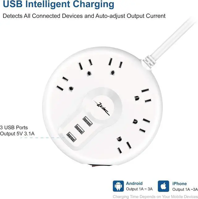 Alt view image 4 of 7 - Power Strip, Surge Protector, 6 Outlets and 3 USB Ports 6.5FT Long Extension Cord, Circle Socket Overload Surge Protection, Flat Plug Charging Station Compact for Office, Home, Travel (White)