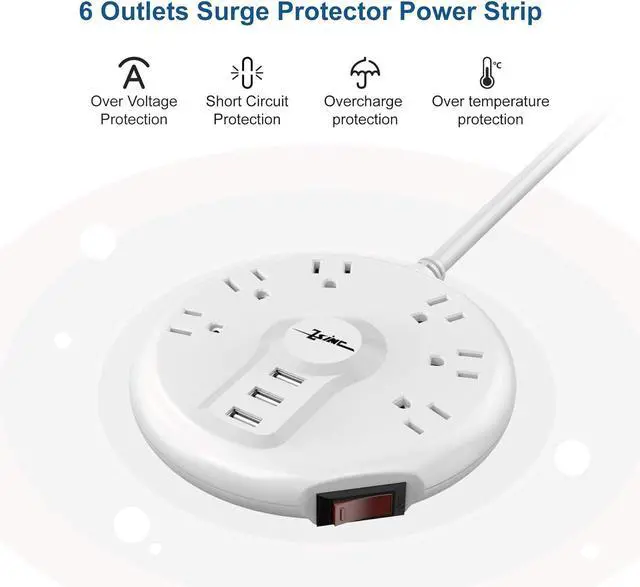 Alt view image 5 of 7 - Power Strip, Surge Protector, 6 Outlets and 3 USB Ports 6.5FT Long Extension Cord, Circle Socket Overload Surge Protection, Flat Plug Charging Station Compact for Office, Home, Travel (White)