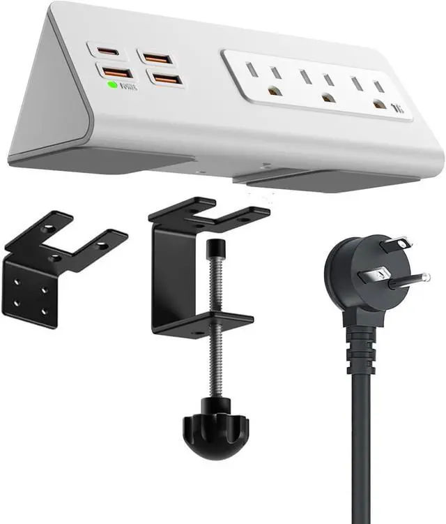 Main image of Power Charge Station Edge clamp Mount with USB-C PortsTabletop Surge Protector, Desk Clamp Power Sockets with 3 AC Outlets and 4 Fast Charging USB Ports for Home Office Hotel and Dormitory (White)