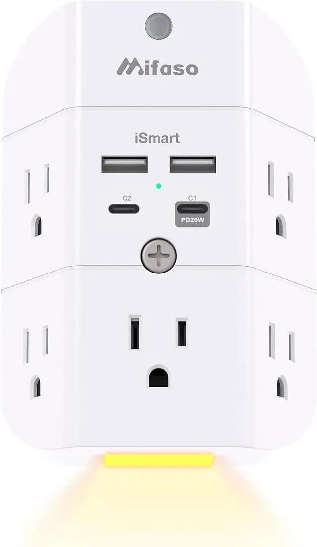 Main image of Surge Protector Outlet Extender - with Night Light, PD20W USB C Charger, 5-Outlet Splitter, Multi Plug Outlet for Home, Dorm Room Essentials